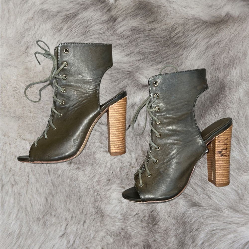 Olive Green Lace-up Block Heel Booties